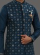 Embroidered Nehru Jakcet Set In Peacock Blue